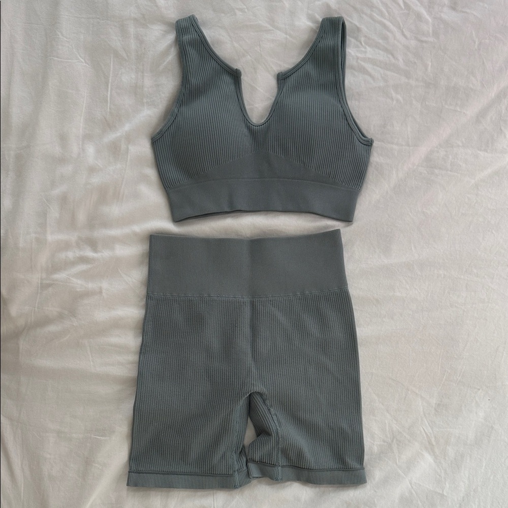 Gray/Blue Ribbed Bralette and Shorts Set